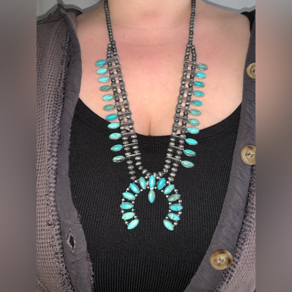 Faux Turquoise Squash Blossom necklace